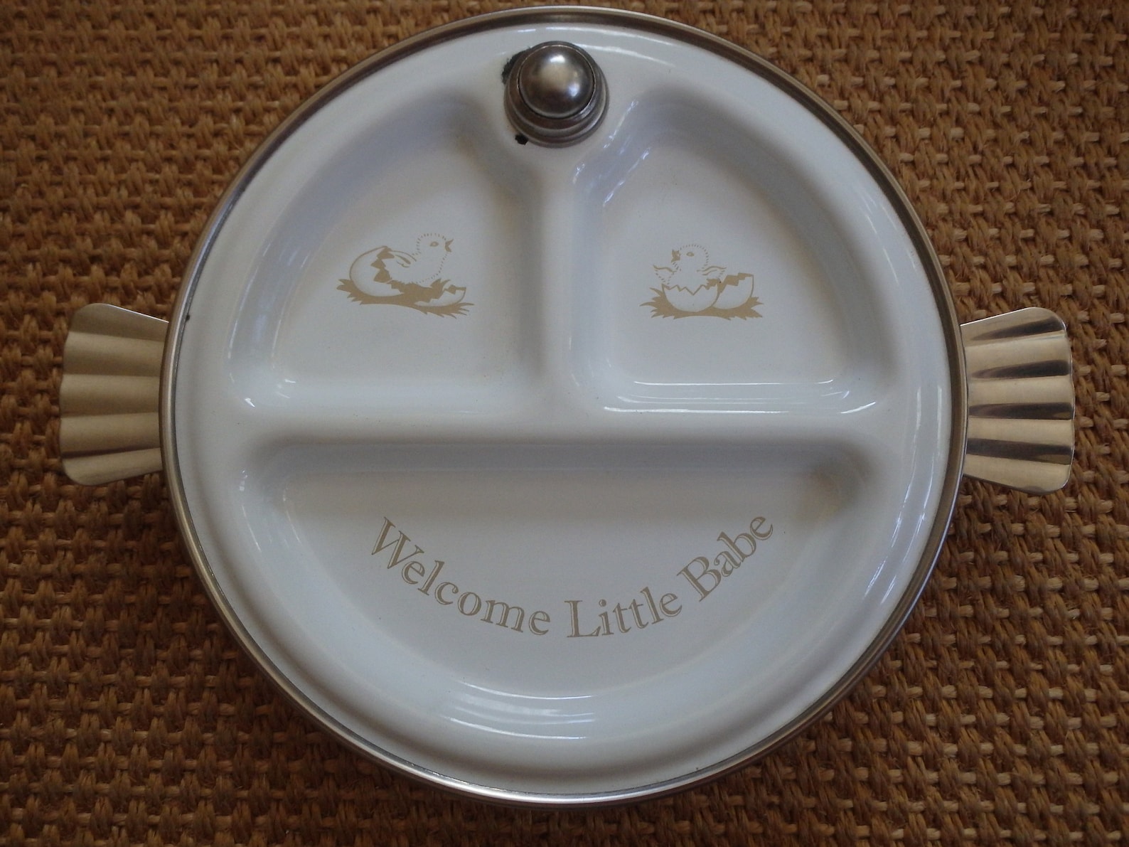 Vintage Baby Plate, Hot Water Heat up Ceramic Feeding Dish, Chicks