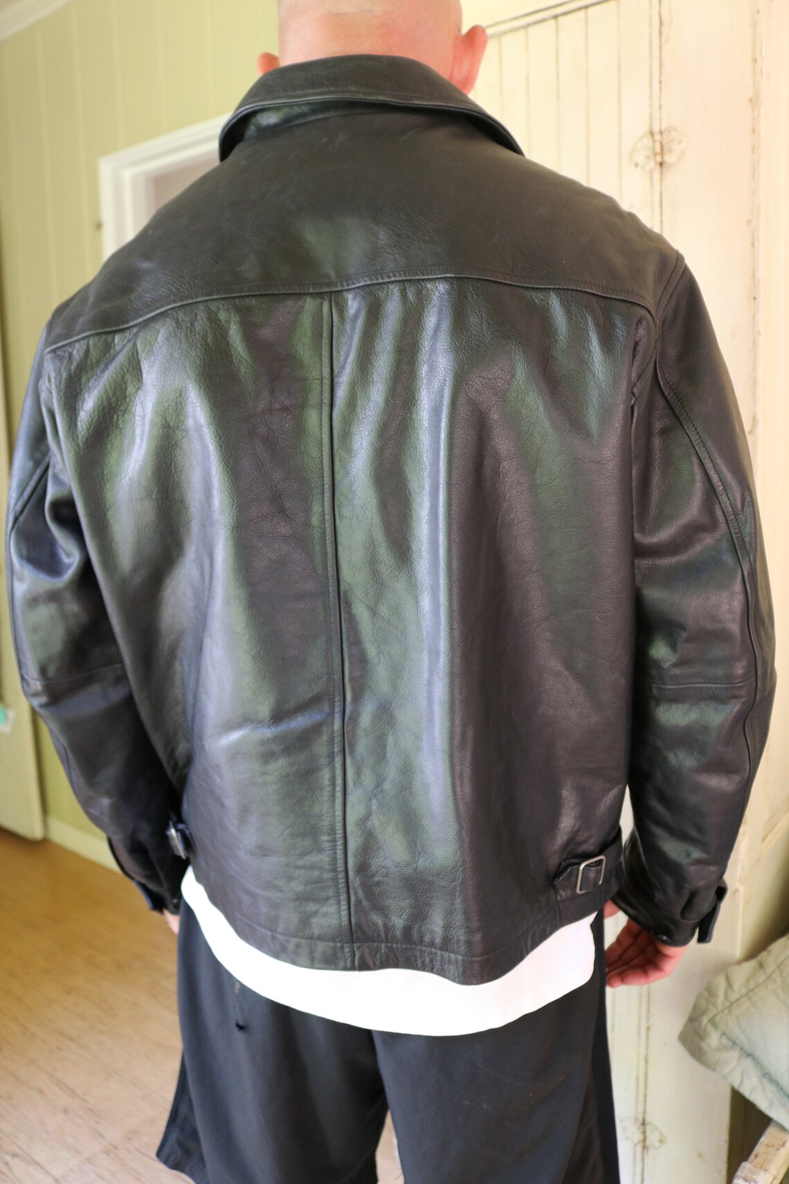 Mens black leather jacket GAP Large gently worn excellent Etsy