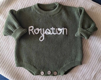 Personalized Hand-Embroidered Knit Baby Romper Sweater | Baby Coming Home Outfit | Keepsake Sweater (Custom and Bespoke)