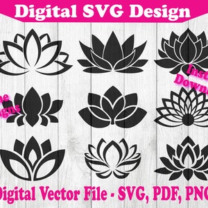 蓮の花のシンボルデザインバンドル 9 つのユニークな花 蓮 - SVG ファイル - SVG - Cricut 用 Silhouette 用 1 色ファイル png pdf svg