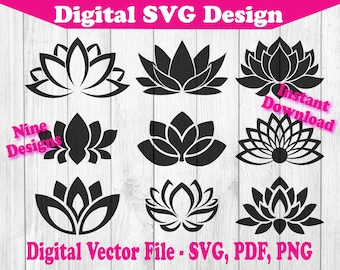Lotus Flower Symbol Designs Bundle 9 Unique Flowers Lotuses - Svg file - SVG - For Cricut For Silhouette  1 Color Files png pdf svg