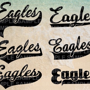 Peut inclure: Six images en noir et blanc du mot "Eagles" dans une police de caractères stylisée avec une ligne courbe en dessous. Le mot "Eagles" est répété six fois dans l'image.