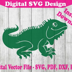 Peut inclure: Silhouette d'iguane vert avec une expression amicale, idéale pour les projets d'artisanat. Téléchargement numérique comprenant les fichiers SVG, PDF, DXF et PNF.