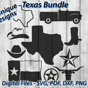 Paquete de gráficos temáticos de Texas 10 diseños únicos lote Texas State SVGs Cowboy Country Vector SVG - Para Cricut Silhouette 1 Color png pdf dxf