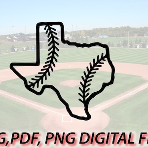 May include: Black and white outline of the state of Texas shaped like a baseball with stitching. The image is set against a blurred background of a baseball field.