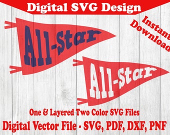 All-Star Baseball Pennant Sports Design 1 Color & 2 Color dxf svg png pdf files - Clipart - Vector Cut File - For Cricut Silhouette svg