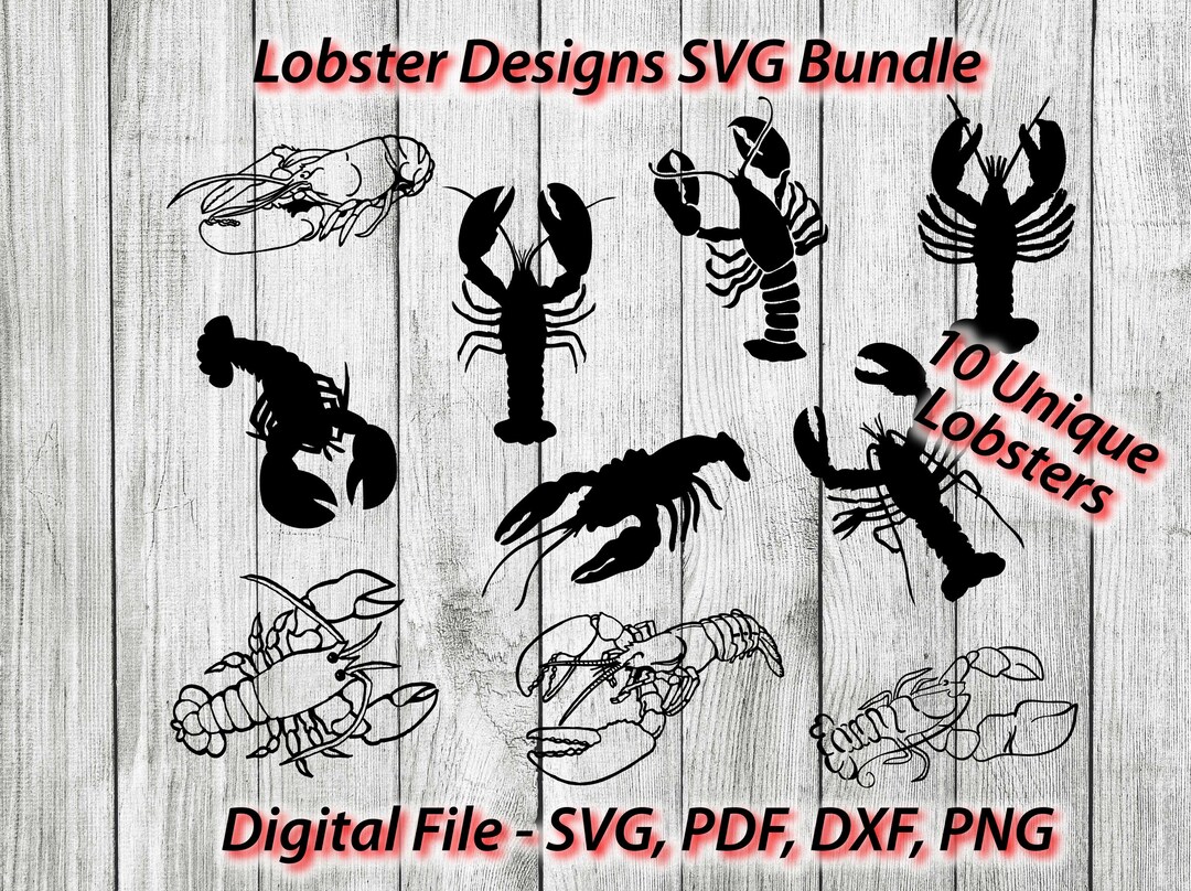 Lobster Designs Bundle 10 Unique Lobsters Svg File SVG for Cricut for Silhouette 1 Color Png Pdf