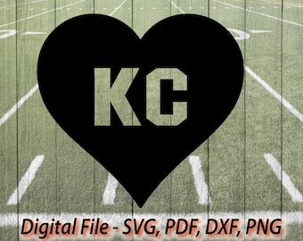 May include: A black heart shape with the letters "KC" in white, set against a green and white football field background. The words "Digital File - SVG, PDF, DXF, PNG" are at the bottom.