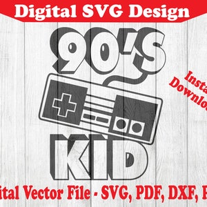 90s Kid Gamer Old School Consola Controlador Diseño SVG Vectores de descarga instantánea para Cricut Silueta 1 Color png dxf pdf svg