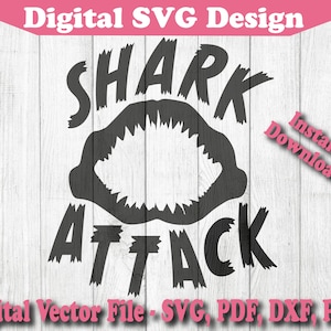 May include: Black and white digital design of a shark's mouth with the words "SHARK ATTACK" in a jagged font.