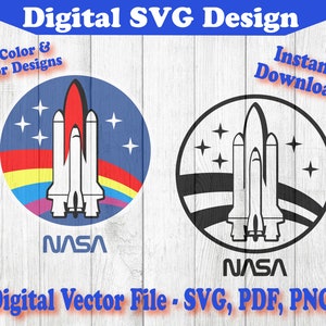 NASA Space Shuttle Vintage Vollfarbe & 1 Farbe Design SVG Cricut Datei, Nasa Cut Datei, Nasa Vektor Silhouette, Clipart Wissenschaft pdf png