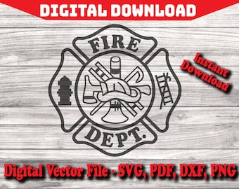 May include: Black and white digital vector file of a fire department logo. The logo features a fire hydrant, an axe, a ladder, a helmet, and a hose. The words "FIRE DEPT." are written in a circle around the logo.