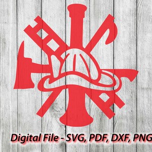 May include: Red firefighter emblem featuring a helmet, axe, ladder, and hose. Digital File - SVG, PDF, DXF, PNG.