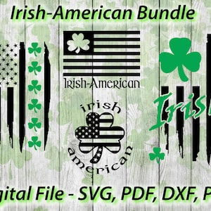 Puede incluir: Un paquete de descarga digital de cuatro archivos SVG, PDF, DXF y PNG con diseños de temática irlandesa-americana. Los diseños incluyen un trébol, una bandera estadounidense con un trébol, un trébol con una bandera estadounidense dentro y una bandera estadounidense desgastada con la palabra "Irish" escrita en ella.