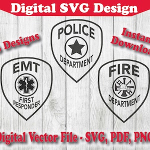 First Responder Badges EMT Police Fire Silhouette Cricut svg 1 Color 3 Designs cut file svg pdf png