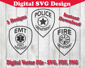 First Responder Badges EMT Police Fire Silhouette Cricut svg 1 Color 3 Designs cut file svg pdf png