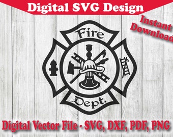 May include: Black and white digital design of a fire department logo. The logo features a fire hydrant, an axe, a ladder, and a fireman's helmet. The text "Fire Dept." is written in a stylized font.