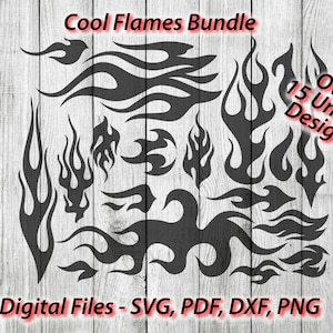 Puede incluir: Un paquete de descarga digital de más de 15 diseños de llamas únicos en negro. Los diseños son perfectos para proyectos de manualidades, como calcomanías de vinilo, diseños de camisetas y más. El texto "Cool Flames Bundle" y "Digital Files - SVG, PDF, DXF, PNG" está incluido en la imagen.