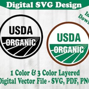 May include: Two versions of the USDA Organic logo. One is black and white, the other is brown, green, and white. Both logos feature the text "USDA Organic" and a stylized field of rows.