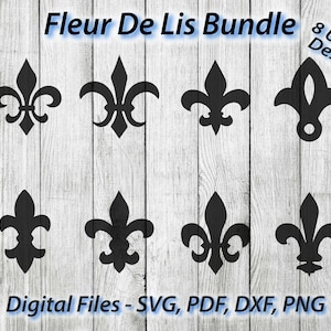 May include: A set of eight unique black fleur-de-lis designs. The designs are digital files and can be used for crafting, scrapbooking, and other creative projects. The text "Fleur De Lis Bundle 8 Unique Designs" and "Digital Files - SVG, PDF, DXF, PNG" is included in the image.