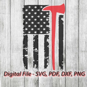 消防斧の米国旗デザイン、消防署 svg、消防士 svg、シルエット、クリカット、クリップアート カット ファイル pdf png dxf