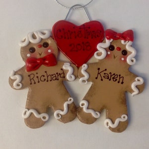 Gingerbread Couple with heart polymer clay ornament personalized!