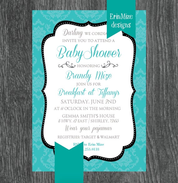 breakfast at tiffany's baby shower invitations, audrey hepburn, aqua, teal,  white, tiffany's, little blue box