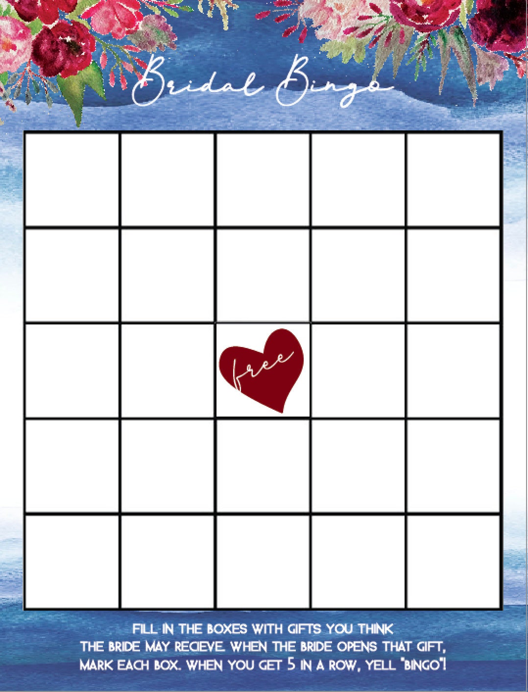 Blank Bridal Shower Bingo Template