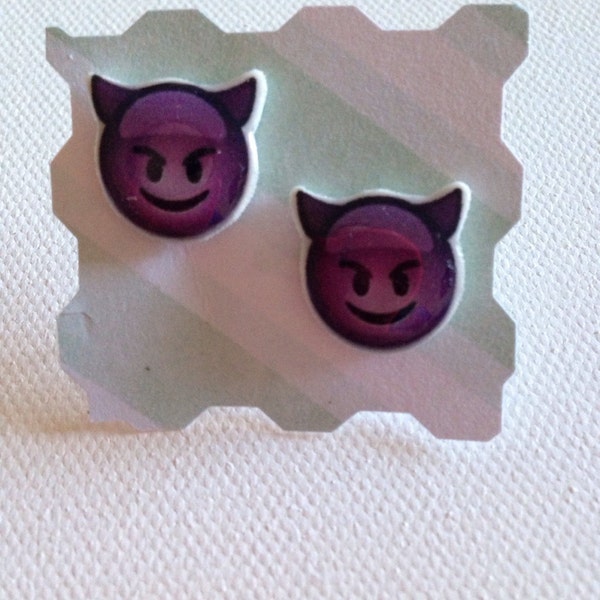 iPhone Emoji "Smiling Face with Horns" Stud Earrings - Grinning Purple Devil Emoji Post Earrings