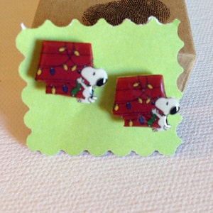 Snoopy Hanging Christmas Lights on Dog House Stud Earrings - Post Earrings for Christmas holidays