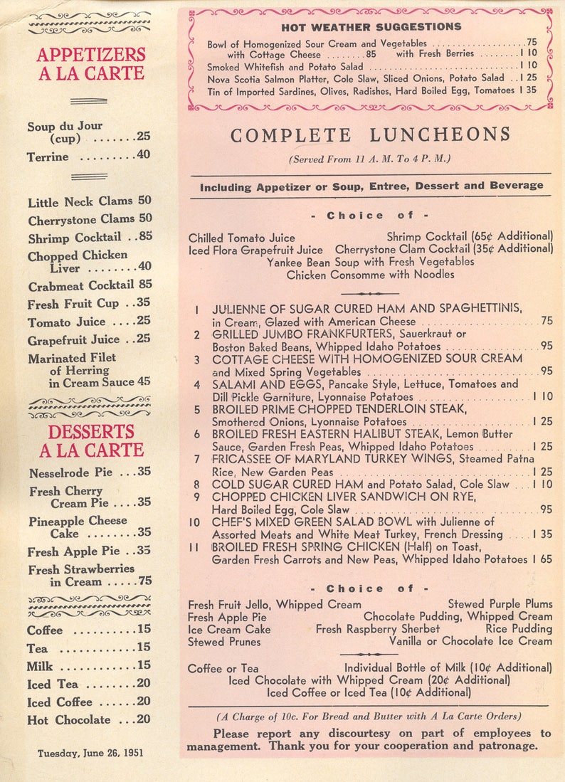 1619 Broadway Jack Dempsey's Restaurant Lunch Menu New York City 1951