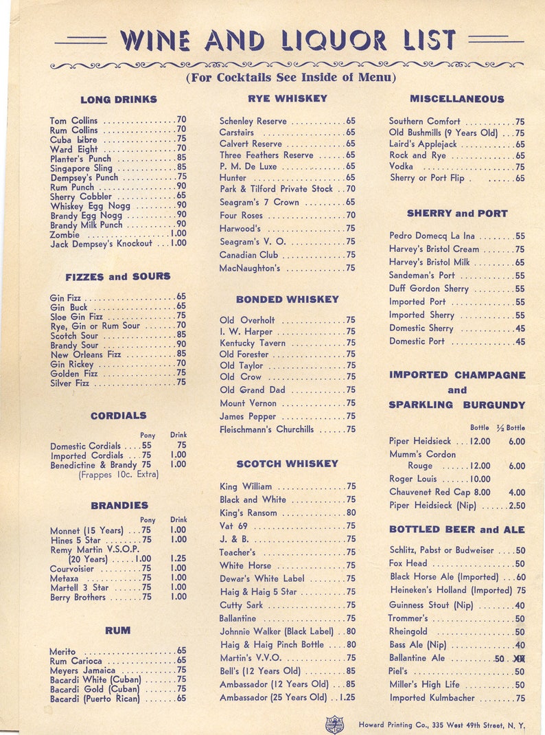 1619 Broadway Jack Dempsey's Restaurant Lunch Menu New York City 1951