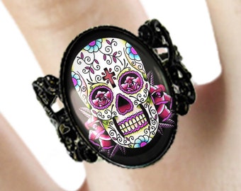 Pink Day of the Dead Sugar Skull Punk Tattoo Noir Victorien Filigree Ring-JBFR