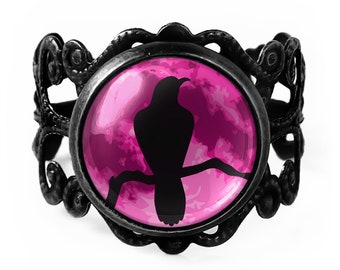 Raven Nevermore Ring - Full Moon Crow Adjustable Filigree Ring - 96