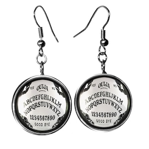 Silver Gothic Bats Ouija Board Glass Dangle Horror Halloween Earrings 45-SLRE