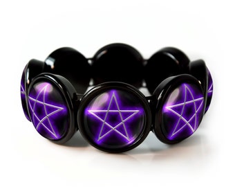 Jet Black Gothic Purple Pentagram Bangle Charm Bracelet JBRBB-3