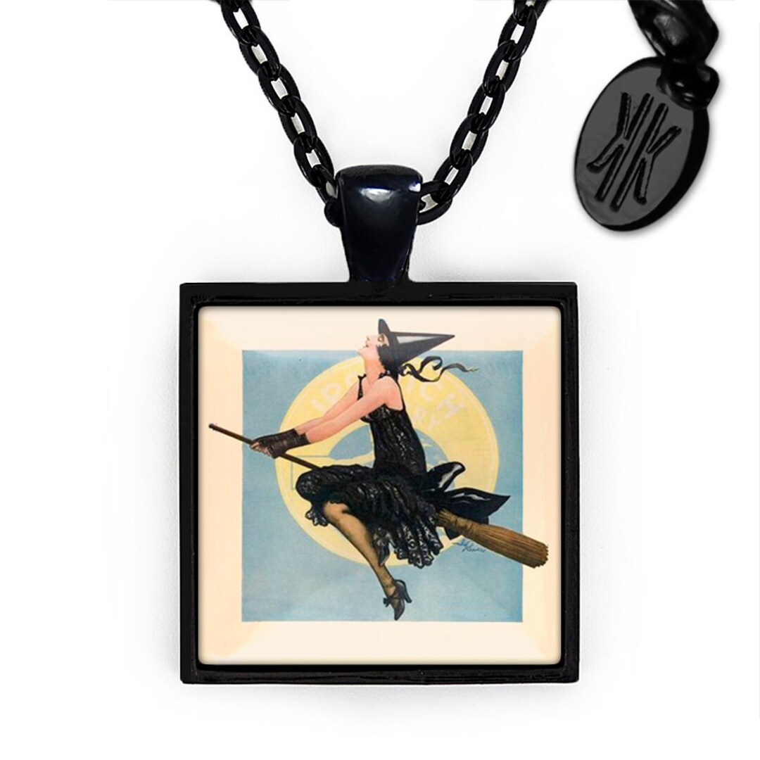 Jet Black Vintage Halloween Pin-up Witch and Broomstick Pendant ...