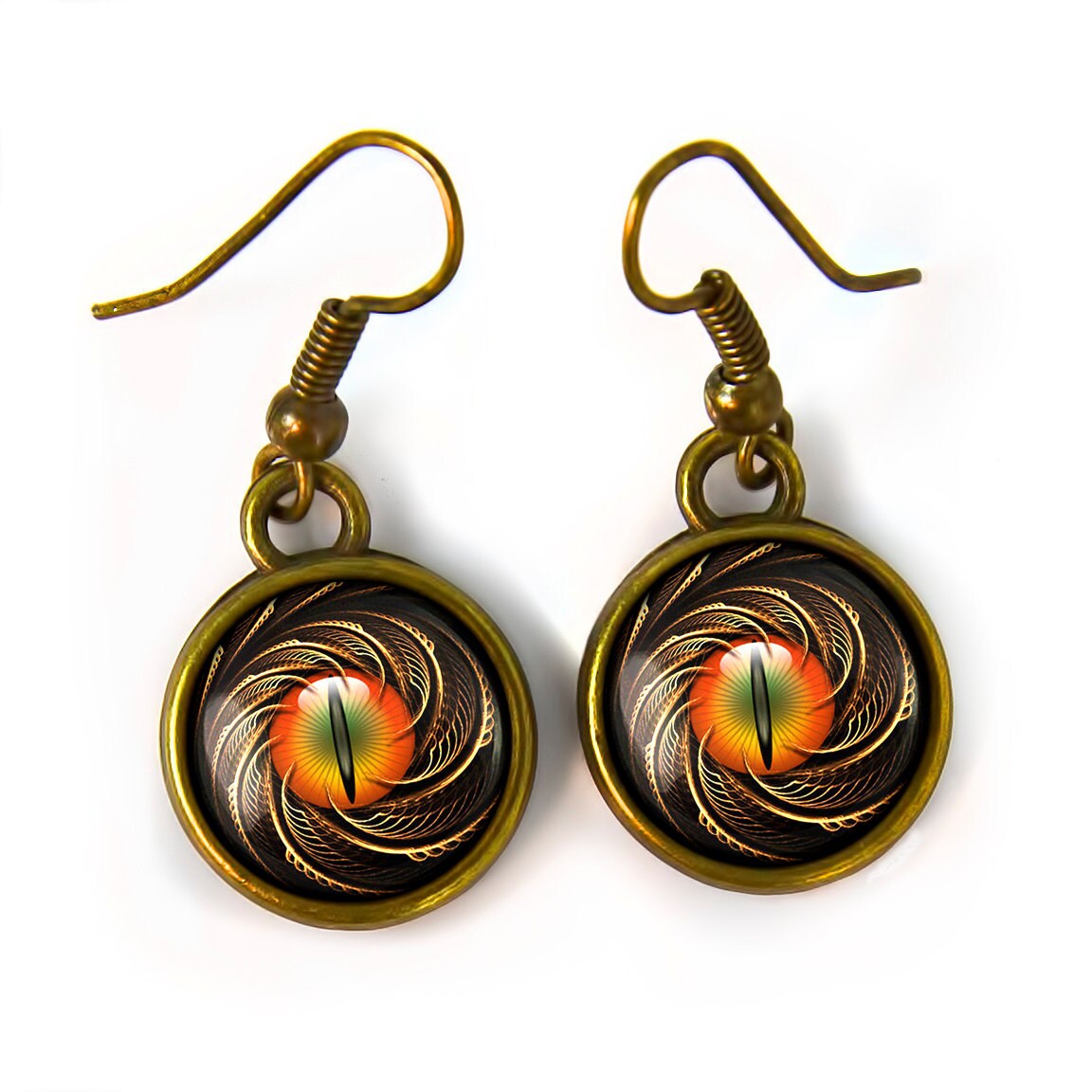 Small Antique Bronze Gothic Dragon Eyeballs Glass Earrings 24-BSE