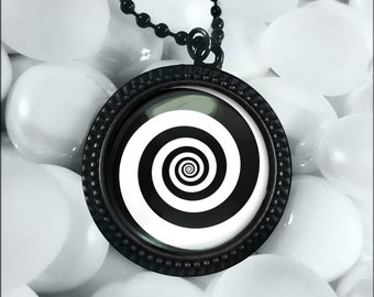 Twilight Zone Necklace - Hypnotic Spiral Glass Jet Black Pendant - 347-JBRN