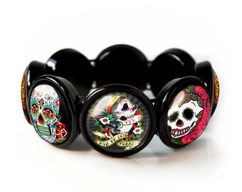 Jet Black Day of the Dead Sugar Skull Collection Bangle Charm Bracelet JBRBB-14