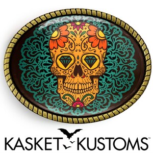 Muertos Skull Belt Buckle - Mexican Day of the Dead Gold or Silver Belt Buckle - 69