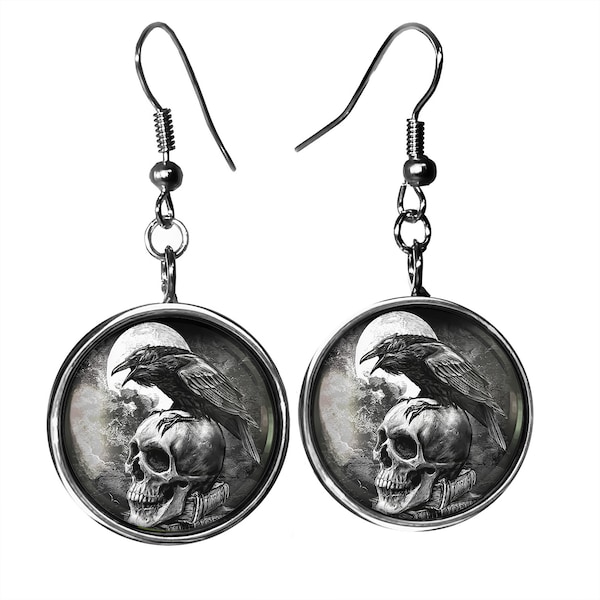 Raven Nevermore Earrings - Occult Crow and Skull Silver Drop Dangle Earrings - 928-SLRE