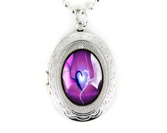 Silver Dragon Wing Heart Glass Fantasy Keepsake Locket Necklace 232-SLN + 24&quot; Inch Chain