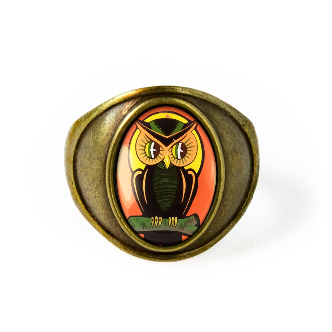 Retro Cartoon Halloween Owl Vintage Art Glass Antique Bronze Size 7 Glass Ring 144-BSOR