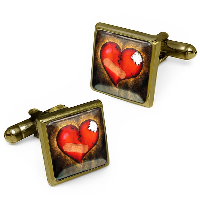 Antique Bronze Love Hurts Broken Heart Cufflink Set w/ Box 135-BSC image 1