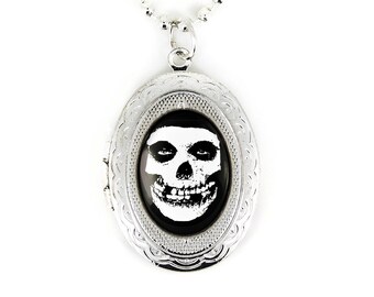 Silver Misfits Crimson Skull Glenn Danzig Horror Punk Glass Keepsake Locket Necklace 179-SLN + 24&quot; Inch Chain
