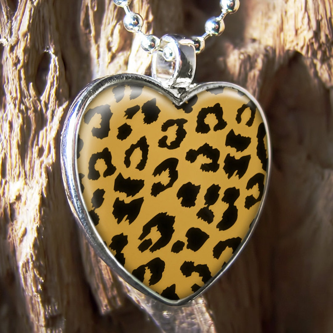 Shiny Leopard Animal Print Sterling Silver Glass Heart Retro