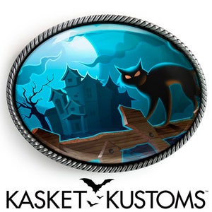 Black Cat Belt Buckle - Haunted Halloween Art Handmade Oval Buckle - 115-SO