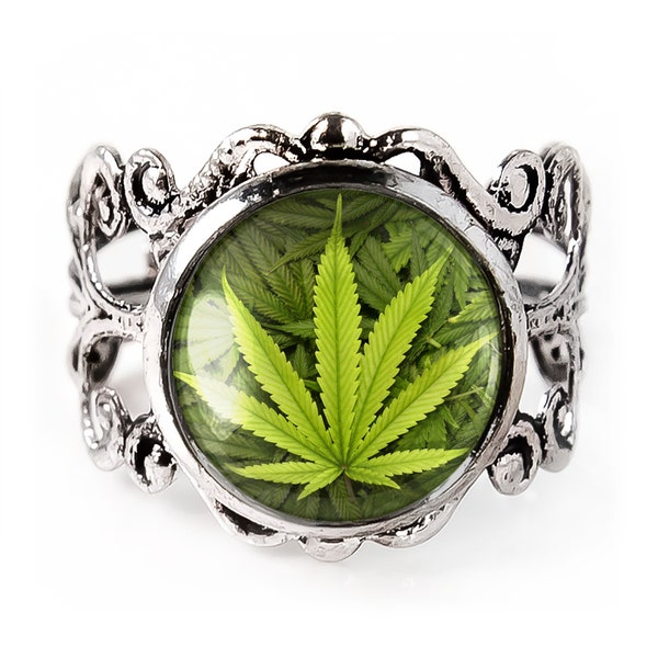High Polish 925 Sterling Silver Marijuana Leaf Ring - Filigree Rope Band Design - View #5