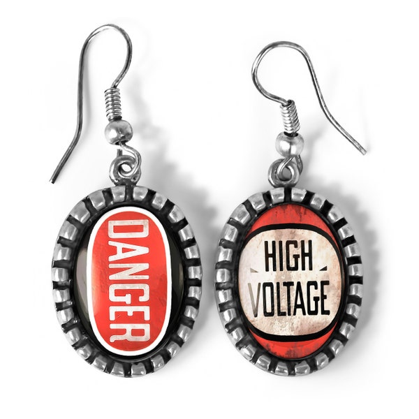 DANGER! High Voltage Vintage Industrial Sign Oval Antique Silver Glass Dangle Earrings 342-4-SOE